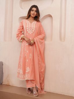 Gahan - Cotton Festive Floral Embroidered & Sequinned Peach Anarkali Pant & Dupatta (Set of 3)