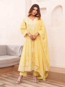 Gahan - Cotton Festive Floral Embroidered & Sequinned Yellow Anarkali Pant & Dupatta (Set of 3)