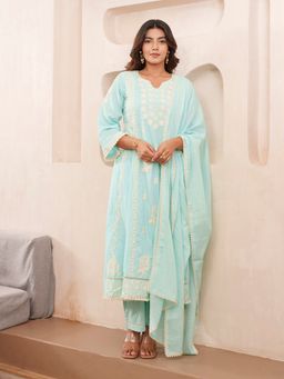 Gahan - Cotton Festive Floral Embroidered & Sequinned Blue Anarkali Pant & Dupatta (Set of 3)