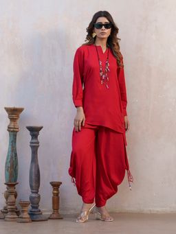 Gahan - Viscose Rayon Solid/ Plain with Button Detailed Red Top & Dhoti Pant Co-Ord (Set of 2)