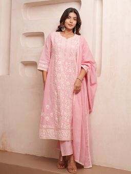 Gahan - Cotton Festive Paisley Embroidered & Sequinned Pink Anarkali Pant & Dupatta (Set of 3)