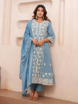 Gahan - Cotton Festive Paisley Embroidered & Sequinned Blue Anarkali Pant & Dupatta (Set of 3)