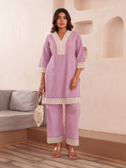 Gahan - Cotton Pearl & Lace Work Embellished Lavender Co-Ord (Set of 2)