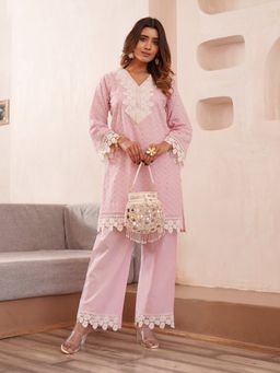 Gahan - Cotton Pearl & Floral Lace Work Embellished Pink Co-Ord (Set of 2)