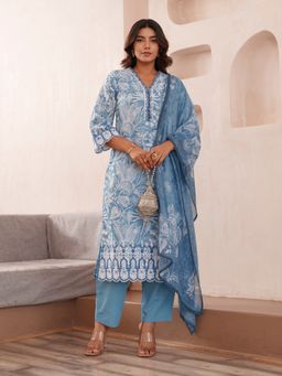 Gahan - Cotton Embroidered & Mirror Work with Floral Blue Kurta Pant & Dupatta (Set of 3)
