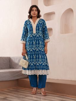 Gahan - Viscose Rayon Ikat Printed with Lace & Mirror Embellished Blue Kurta & Pant (Set of 2)