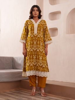 Gahan - Viscose Rayon Ikat Printed with Lace Embellished Mustard Kurta & Pant (Set of 2)