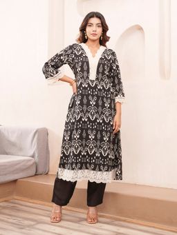 Gahan - Viscose Rayon Ikat Printed with Lace & Mirror Embellished Black Kurta & Pant (Set of 2)