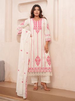 Gahan - Cotton Floral & Paisley Embroidered Off White & Pink Kurta Pant & Dupatta (Set of 3)