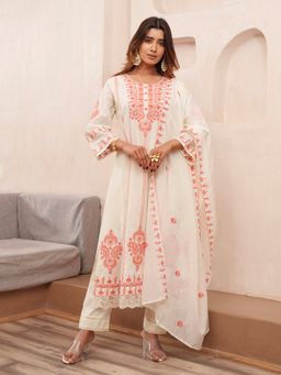 Gahan - Cotton Floral & Paisley Embroidered Off White & Orange Kurta Pant & Dupatta (Set of 3)
