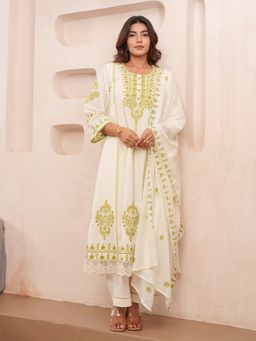 Gahan - Cotton Floral & Paisley Embroidered Off White & Olive Kurta Pant & Dupatta (Set of 3)