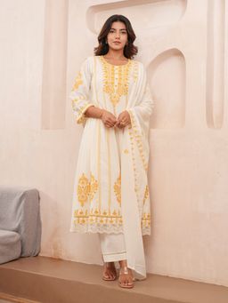 Gahan - Cotton Floral & Paisley Embroidered Off White & Yellow Kurta Pant & Dupatta (Set of 3)