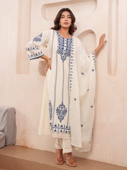 Gahan - Cotton Floral & Paisley Embroidered Off White & Blue Kurta Pant & Dupatta (Set of 3)