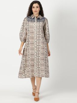 Saffron Threads - Cream Ethnic Motifs Print Shirt Midi Dress with Yoke Embroidery