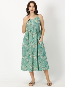 Saffron Threads - Green Leaf Print Button Down Strappy Midi Dress