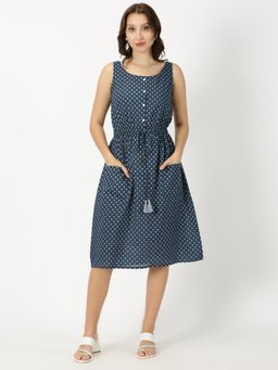 Saffron Threads - Navy Blue Lotus Print Midi Dress with Waist Tie Up