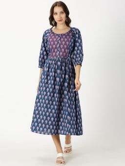 Saffron Threads - Navy Blue Floral Print Midi Dress with Yoke Embroidery