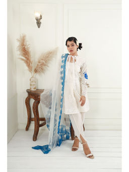 EK Soot - White Printed Chanderi Kurta with Dhoti and Embroidered Dupatta (Set of 3)