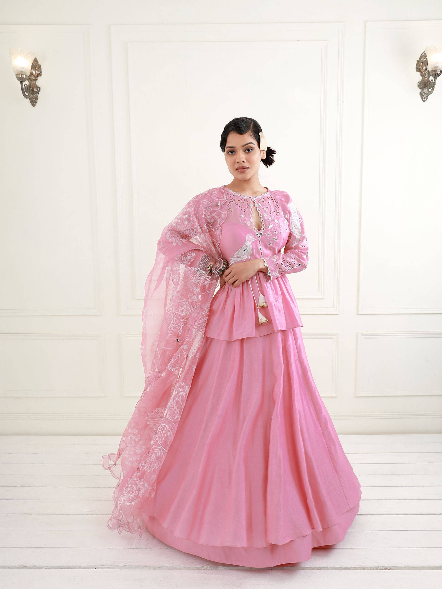 Buy EK Soot Rose Pink Chanderi Peplum Top with Skirt and Dupatta