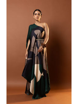 Vedika M - Green Printed One Shoulder Drape Dress with Attached Belt