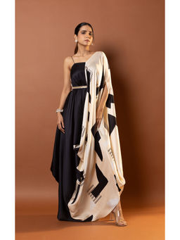 Vedika M - Black Printed Asymmetric Draped Dress with Attached Belt