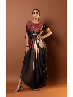 Vedika M - Red Printed Drape Dress with Attached Belt