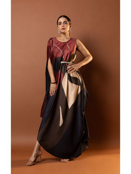 Vedika M - Red Printed Drape Dress with Attached Belt