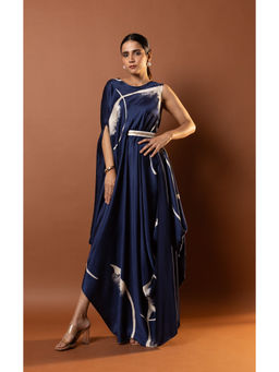 Vedika M - Blue Printed Draped Dress with Attached Belt