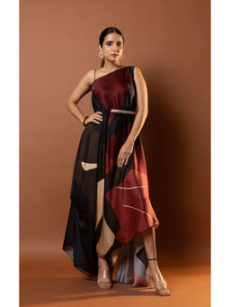 Vedika M - Red Printed One Shoulder Strap Drape Dress with Attached Belt