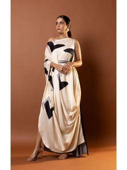 Vedika M - White Printed Drop Shoulder Drape Dress with Attached Belt