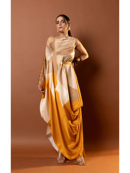 Vedika M - Yellow Printed Drape Dress with Attached Belt