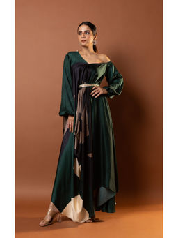 Vedika M - Green Printed Drape Dress with Attached Belt