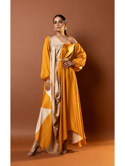 Vedika M - Yellow Abstract Printed Drape Dress with Attached Belt