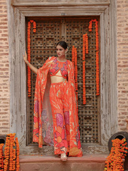 Gazab By Miku Kumar - Orange Keya Palazzo with Cape and Blouse (Set of 3)