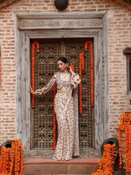 Gazab By Miku Kumar - Beige Aurea Drape Saree with Stitched Blouse