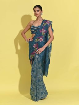 RISHI & VIBHUTI - Blue Whirl Pre-Draped Saree with Stitched Blouse