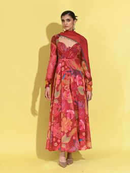 RISHI & VIBHUTI - Red Ruby Anarkali with Dupatta (Set of 2)