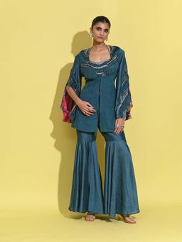 RISHI & VIBHUTI - Blue Aelin Jacket with Blouse and Sharara (Set of 3)