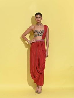 RISHI & VIBHUTI - Red Mystic Flow Blouse with Draped Skirt (Set of 2)
