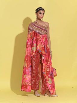 RISHI & VIBHUTI - Red Ruby Drape Cape Top with Pant (Set of 2)