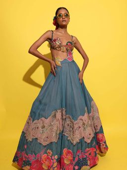 RISHI & VIBHUTI - Blue Beata Lehenga with Bralette (Set of 2)