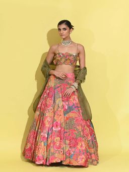 RISHI & VIBHUTI - Pink Dohm Tanna Lehenga with Blouse and Dupatta (Set of 3)