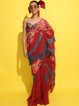 RISHI & VIBHUTI - Red Chak-Chak Pre-Draped Saree with Stitched Blouse