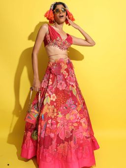 RISHI & VIBHUTI - Red Dhoomdham Lehenga with Blouse (Set of 2)