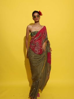 RISHI & VIBHUTI - Olive Janean Saree with Stitched Blouse