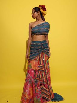 RISHI & VIBHUTI - Blue Diallage Skirt with Blouse (Set of 2)