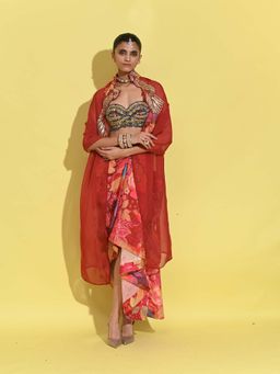 RISHI & VIBHUTI - Red Ruby Drape Skirt with Blouse and Cape (Set of 3)