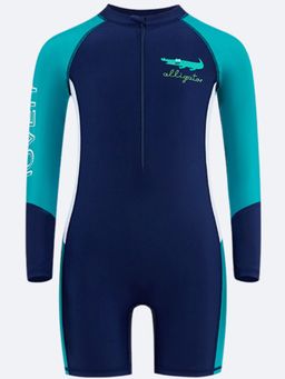 Hopscotch - Boys Navy and Blue Alligator Print Raglan Sleeve Swimwear