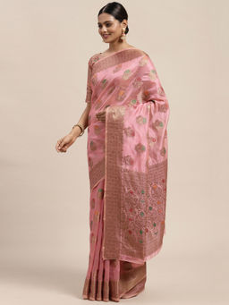 Sareemall - Womens Silk Blend Pink Woven Design Saree with Unstitched Blouse