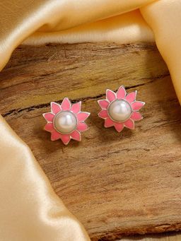 Estele - Rhodium Plated Lovely Pearl Stud Earrings with Pink Enamel for Women
